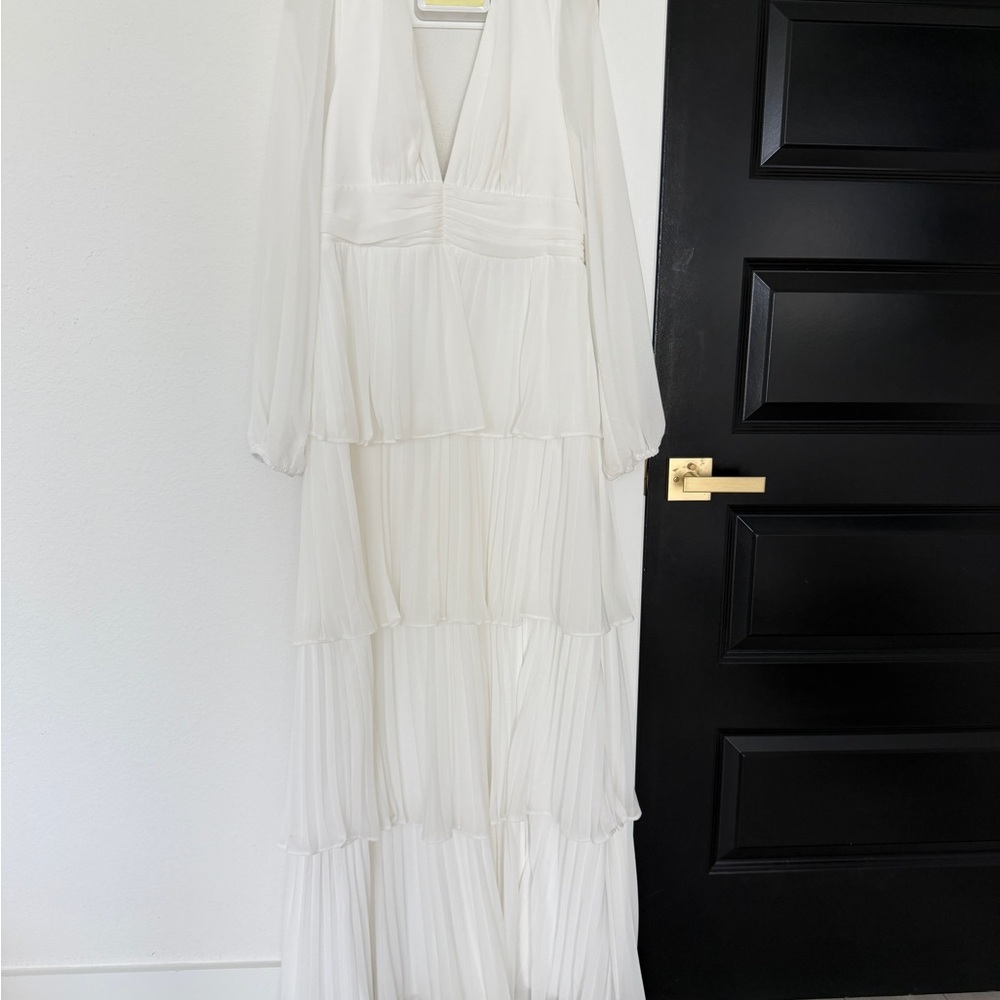 Graceful Finesse White Pleated Long Sleeve Maxi Dress
